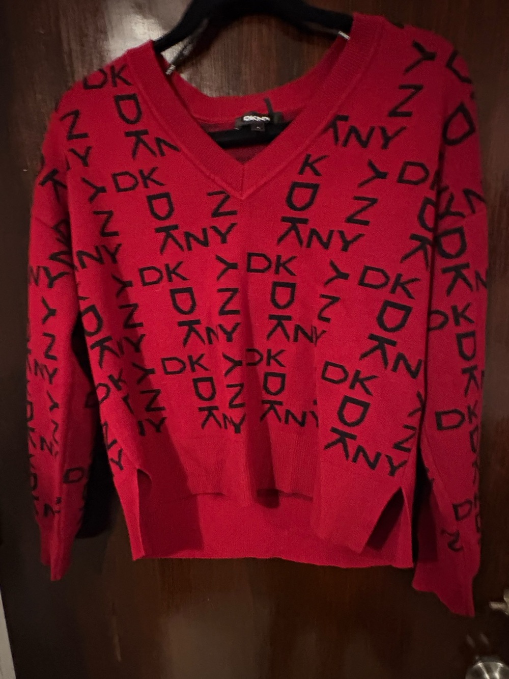 Bundle 3 for $25. DKNY Red V-Neck Logo Jacquard Sweater. Size S.